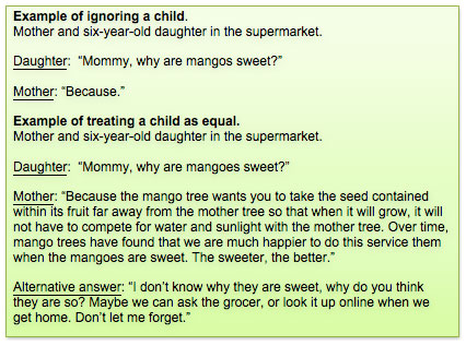 Text Box: Example of ignoring a child.  Mother and six-year-old daughter in the supermarket.  Daughter:  Mommy, why are mangos sweet?   Mother: Because.   Example of treating a child as equal.  Mother and six-year-old daughter in the supermarket.  Daughter:  Mommy, why are mangoes sweet?  Mother: Because the mango tree wants you to take the seed contained within its fruit far away from the mother tree so that when it will grow, it will not have to compete for water and sunlight with the mother tree. Over time, mango trees have found that we are much happier to do this service them when the mangoes are sweet. The sweeter, the better.   Alternative answer: I don't know why they are sweet, why do you think they are so? Maybe we can ask the grocer, or look it up online when we get home. Don't let me forget.